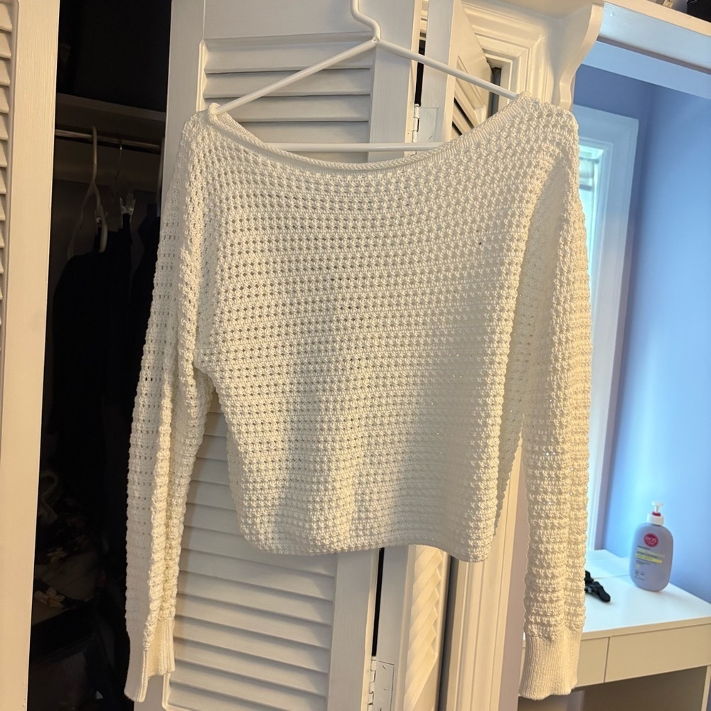 Abound Open Stitch Cotton Sweater Size Small White Crochet Knit Coastal Boho - Picture 4 of 5